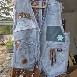 SANTANA Denim Patchwork Vest with Fringe and Floral Accents